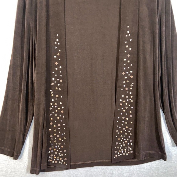 Chicos Cardigan Womens 2 Brown Rhinestones Long Sleeve Boat Neck Casual Sweater - Picture 2 of 13